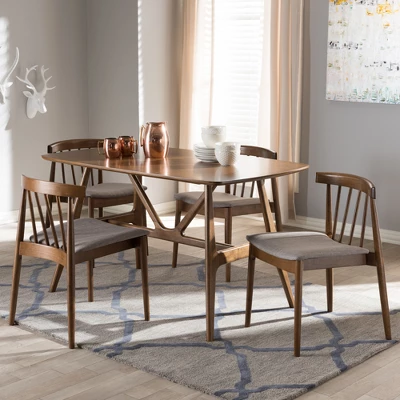 5pc Wyatt Midcentury Modern Walnut Wood Dining Set Beige/Brown - Baxton Studio - Image 5