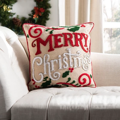 Merry Merry Pillow - Green/Red/Beige - 18" X 18" - Safavieh - Image 2