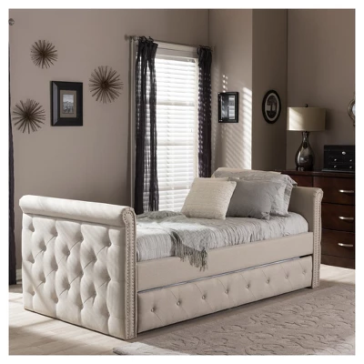 Twin Swanson Modern And Contemporary Fabric Tufted Daybed With Roll-Out Trundle Guest Bed - Baxton Studio - Image 9