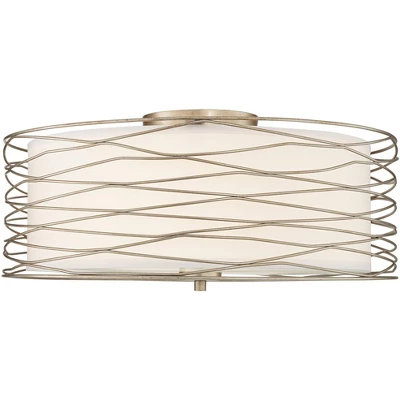 Possini Euro Design Modern Ceiling Light Flush Mount Fixture Antique Silver Leaf 18" Wide Wavy Spun White Drum For Bedroom Kitchen - Image 4