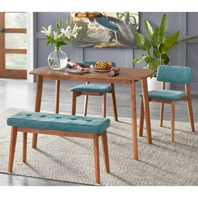 4pc Nettie Mid-Century Modern Dining Set With Bench Walnut/Teal - Buylateral