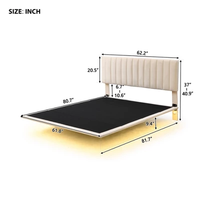 Queen Size Upholstered Floating Velvet Platform Bed With Sensor Light And Headboard-ModernLuxe - Image 2