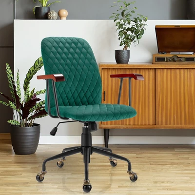 Costway Velvet Home Office Chair Swivel Adjustable Task Chair W/ Wooden Armrest - Image 5