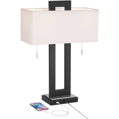 360 Lighting Neil Modern Rustic Table Lamp 26" High Black Metal With USB Charging Port White Rectangular Shade For Bedroom Living Room Bedside Desk - Image 2