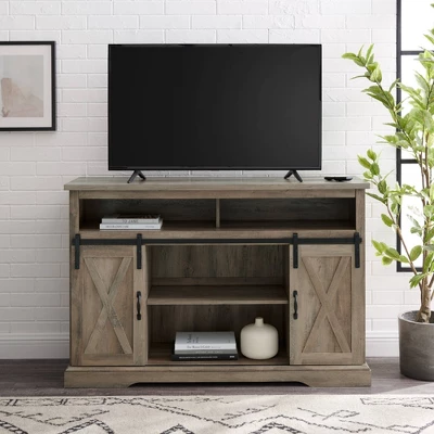 Transitional Sliding Barndoor Highboy TV Stand For TVs Up To 58" - Saracina Home - Image 3