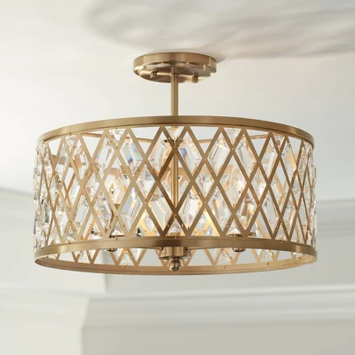 Possini Euro Design Tanz Modern Ceiling Light Semi Flush Mount Fixture 16 1/2" Wide Satin Brass 3-Light Clear Glass Crystal For Bedroom Kitchen House