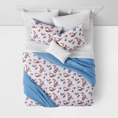 Butterfly Print Microfiber Decorative Bed Set With Throw Blue/Red/White - Room Essentials™ - Image 2