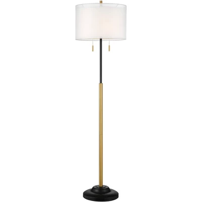 Possini Euro Design Roxie Modern Floor Lamp With Riser 65 1/2" Tall Brass Black Metal Sheer Linen Double Drum Shade For Living Room Bedroom Office - Image 6
