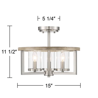 Possini Euro Design Senna Modern Industrial Ceiling Light Semi Flush Mount Fixture 15" Wide Brushed Nickel Gray Wood 3-Light Clear Glass For Bedroom - Image 6