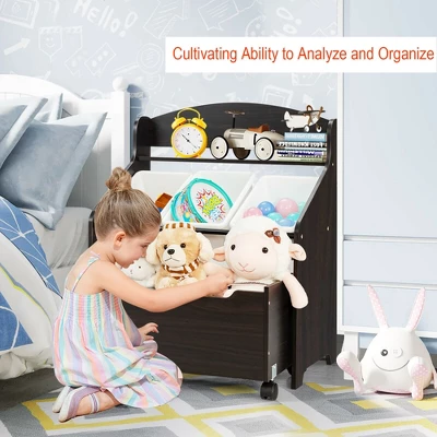 Costway Kids Wooden Toy Storage Unit Organizer W/Rolling Toy Box & Plastic Bins NaturalEspresso - Image 3