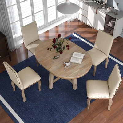 5 PCS Round Wood Extendable Dining Table Set With 4 Upholstered Dining Chairs-ModernLuxe
