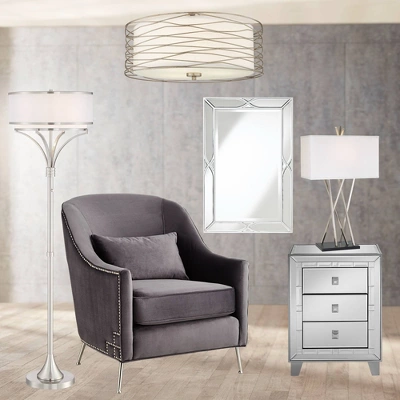 Possini Euro Design Modern Ceiling Light Flush Mount Fixture Antique Silver Leaf 18" Wide Wavy Spun White Drum For Bedroom Kitchen - Image 7