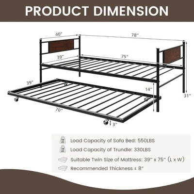 Costway Twin 2-In-1 Daybed Frame With Trundle Bed Set Steel Platform Sofa Bed Black - Image 3