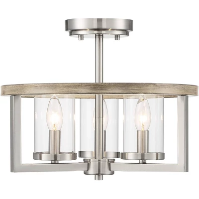 Possini Euro Design Senna Modern Industrial Ceiling Light Semi Flush Mount Fixture 15" Wide Brushed Nickel Gray Wood 3-Light Clear Glass For Bedroom - Image 3