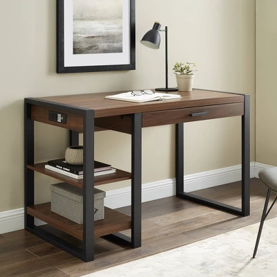 48" Industrial Farmhouse Tech Desk With USB Dark Walnut - Saracina Home