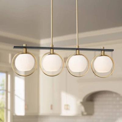 Possini Euro Design Carlyn Brass Black Linear Island Pendant Chandelier 33" Wide Modern White Glass Shade 4-Light LED Fixture For Dining Room Kitchen
