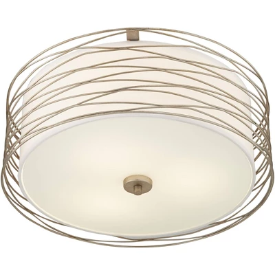 Possini Euro Design Modern Ceiling Light Flush Mount Fixture Antique Silver Leaf 18" Wide Wavy Spun White Drum For Bedroom Kitchen - Image 5
