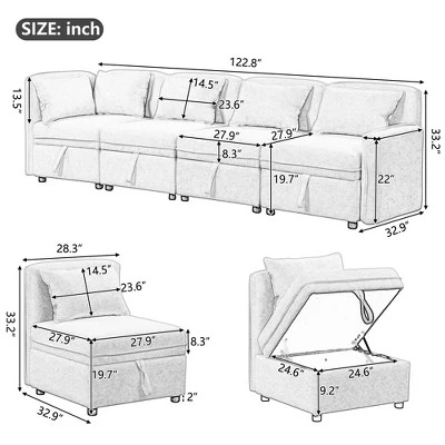 122.8" Minimalist Convertible Modular Sofa, Upholstered Sectional Sofa Couch With 5 Pillows-ModernLuxe - Image 3