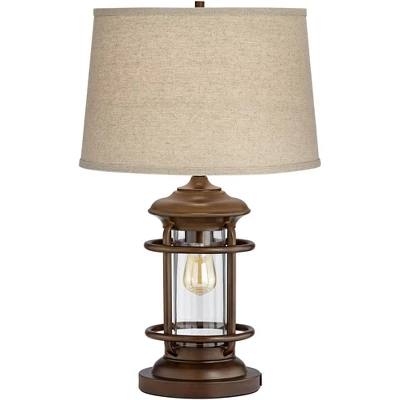 Franklin Iron Works Andreas Industrial Table Lamp 26" High Brown Metal With Nightlight LED And USB Charging Port Oatmeal Shade For Living Room Desk - Image 7