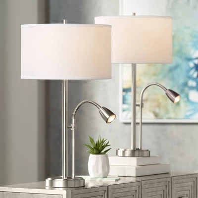 Possini Euro Design Traverse Modern Table Lamps Set Of 2 29 1/2" Tall Brushed Nickel With USB Charging Port LED Gooseneck White Drum Shade For Desk - Image 7