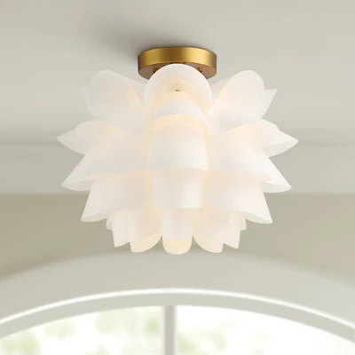 Possini Euro Design Modern Ceiling Light Semi Flush Mount Fixture White Flower Gold Metal 15 3/4" Wide Living Room Bedroom Kitchen