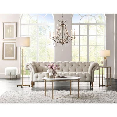 Possini Euro Design Encino Modern Tripod Floor Lamp Standing 60" Tall Brass Gold Metal Off White Fabric Drum Shade For Living Room Bedroom Office Home - Image 5