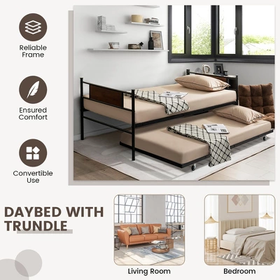 Costway Twin 2-In-1 Daybed Frame With Trundle Bed Set Steel Platform Sofa Bed Black - Image 7