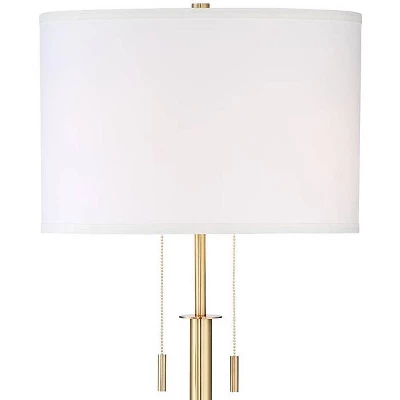 Possini Euro Design Encino Modern Tripod Floor Lamp Standing 60" Tall Brass Gold Metal Off White Fabric Drum Shade For Living Room Bedroom Office Home - Image 2