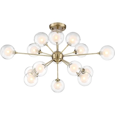 Possini Euro Design Modern Ceiling Light Semi Flush Mount Fixture Sputnik Brass 30 1/2" Wide 15-Light Double Glass Ball Hallway - Image 5