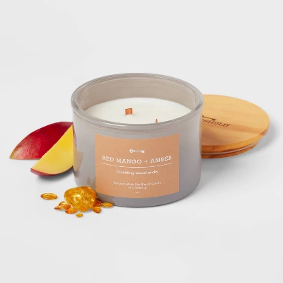 14oz Lidded Gray Glass Jar Crackling Wooden 3-Wick Candle With Paper Label Red Mango + Amber - Threshold™ - Image 2