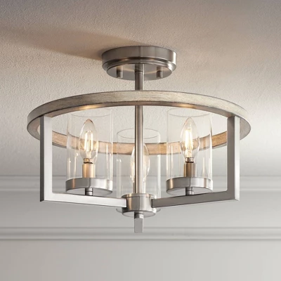 Possini Euro Design Senna Modern Industrial Ceiling Light Semi Flush Mount Fixture 15" Wide Brushed Nickel Gray Wood 3-Light Clear Glass For Bedroom