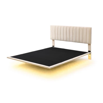 Queen Size Upholstered Floating Velvet Platform Bed With Sensor Light And Headboard-ModernLuxe - Image 3
