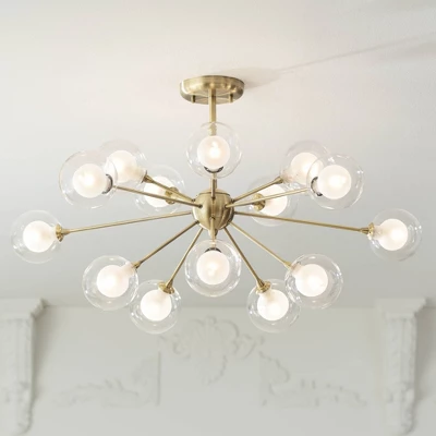 Possini Euro Design Modern Ceiling Light Semi Flush Mount Fixture Sputnik Brass 30 1/2" Wide 15-Light Double Glass Ball Hallway