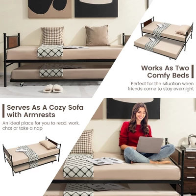Costway Twin 2-In-1 Daybed Frame With Trundle Bed Set Steel Platform Sofa Bed Black - Image 5