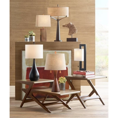 360 Lighting Omar Modern Table Lamp 28 3/4" Tall Warm Brown Wood Hourglass Oatmeal Fabric Drum Shade For Bedroom Living Room Bedside Nightstand Office - Image 4