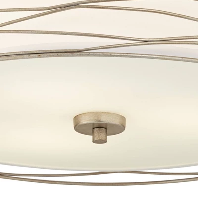 Possini Euro Design Modern Ceiling Light Flush Mount Fixture Antique Silver Leaf 18" Wide Wavy Spun White Drum For Bedroom Kitchen - Image 3