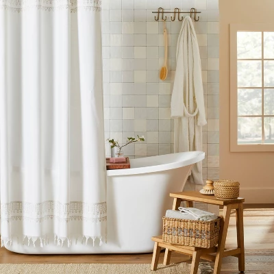 Embroidered Border Stripe Woven Shower Curtain Taupe - Hearth & Hand⢠With Magnolia - Image 2
