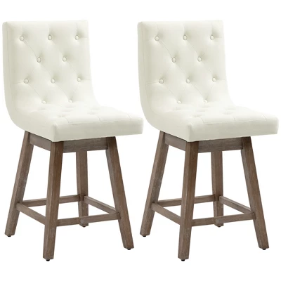 HOMCOM Bar Stools Set Of 2, Swivel Bar Chairs, 25.5" High Fabric Tufted Breakfast Barstools For Kitchen Counter, Cream White - Image 2