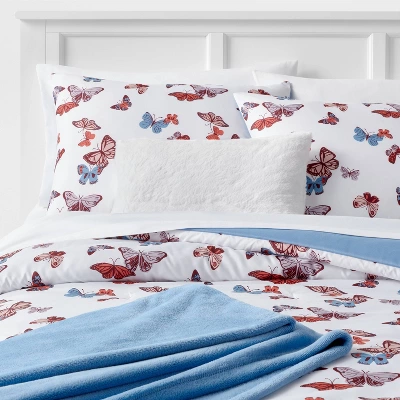 Butterfly Print Microfiber Decorative Bed Set With Throw Blue/Red/White - Room Essentials™ - Image 7