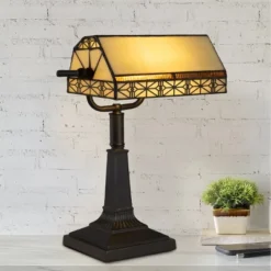 Hastings Home Tiffany Style Bankers LED Desk Lamp – 16" High, Dark Brown