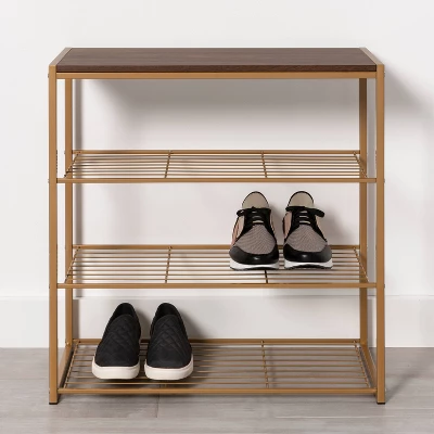 4 Tier Shoe Rack Brass With Walnut Wood - Brightroom™