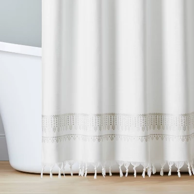 Embroidered Border Stripe Woven Shower Curtain Taupe - Hearth & Hand⢠With Magnolia