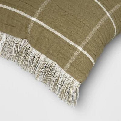 Oversized Cotton Gauze Grid Lumbar Throw Pillow Olive Green - Threshold™ - Image 3