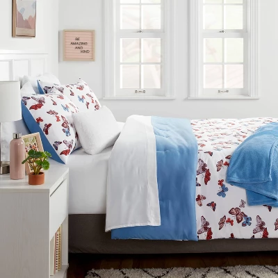 Butterfly Print Microfiber Decorative Bed Set With Throw Blue/Red/White - Room Essentials™