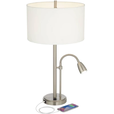 Possini Euro Design Traverse Modern Table Lamps Set Of 2 29 1/2" Tall Brushed Nickel With USB Charging Port LED Gooseneck White Drum Shade For Desk - Image 2